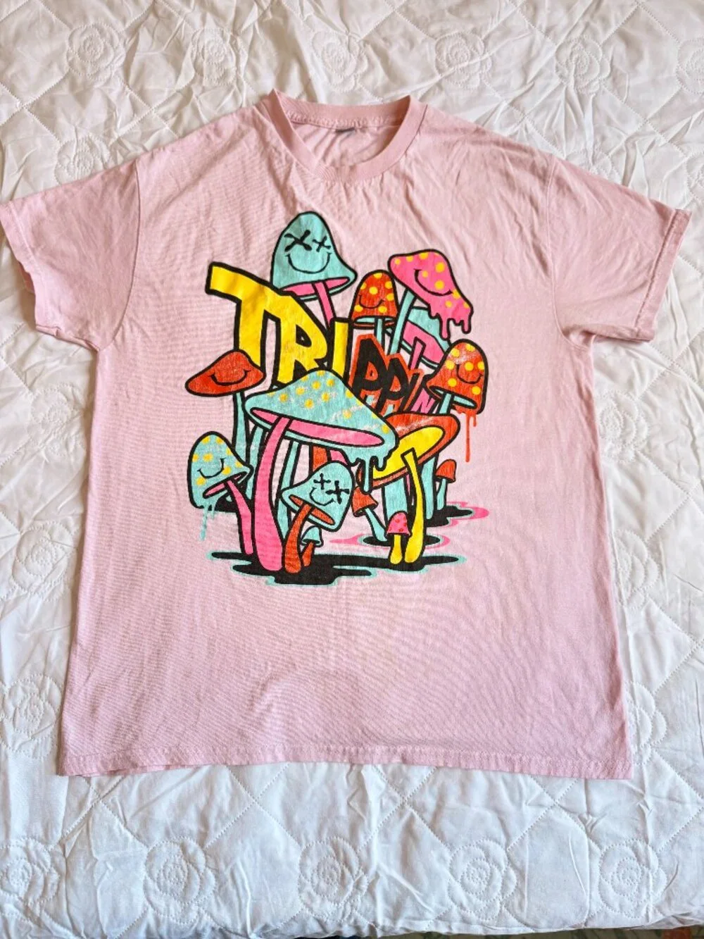 Pink Trippy Mushroom Graphic T-Shirt Psychedelic Streetwear M